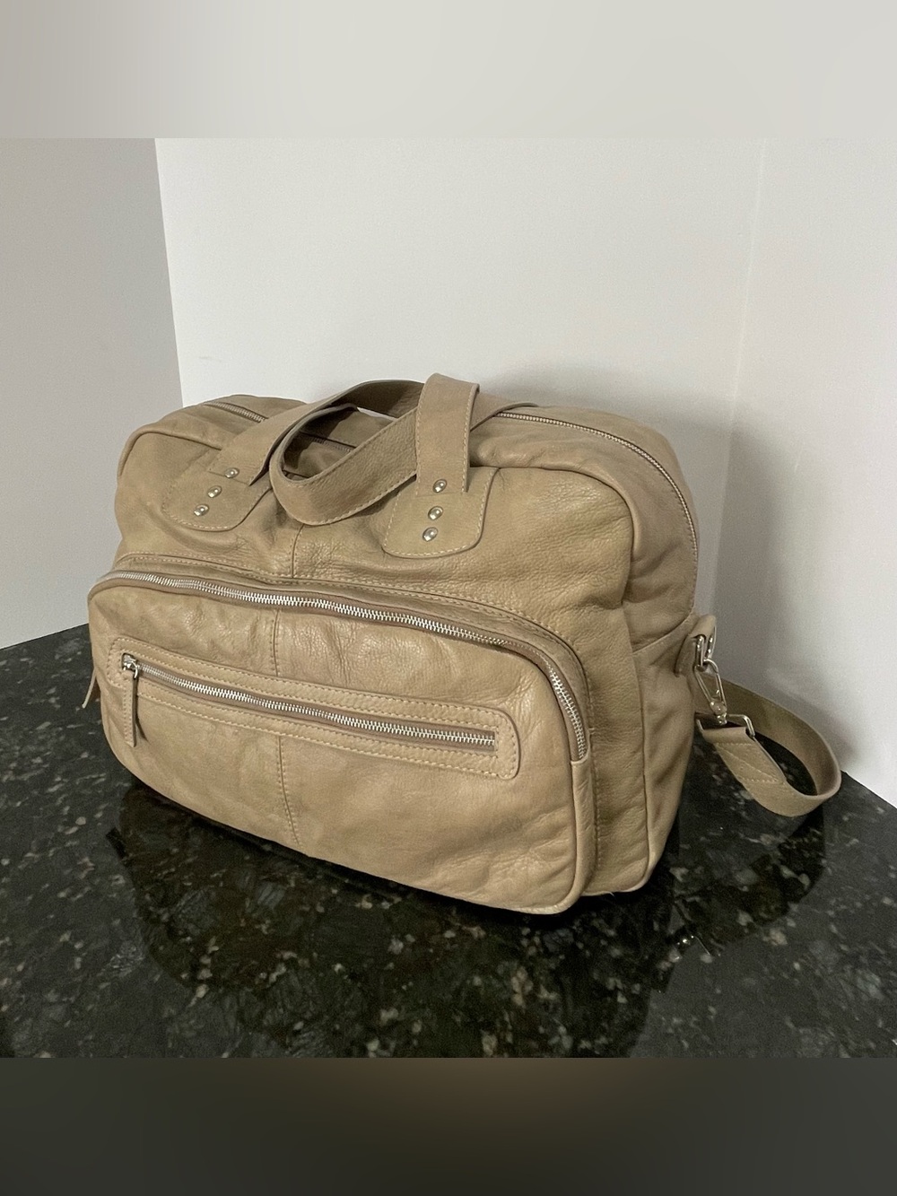 Valentina Leather Weekender Bag in Taupe Distressed Leather